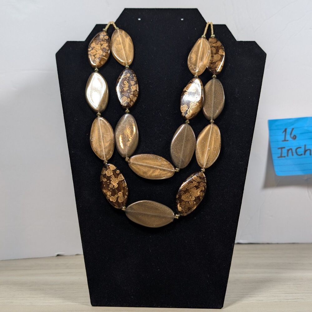 Chunky Gold Brown Marbled Bead Necklace Statement Oval 16 In